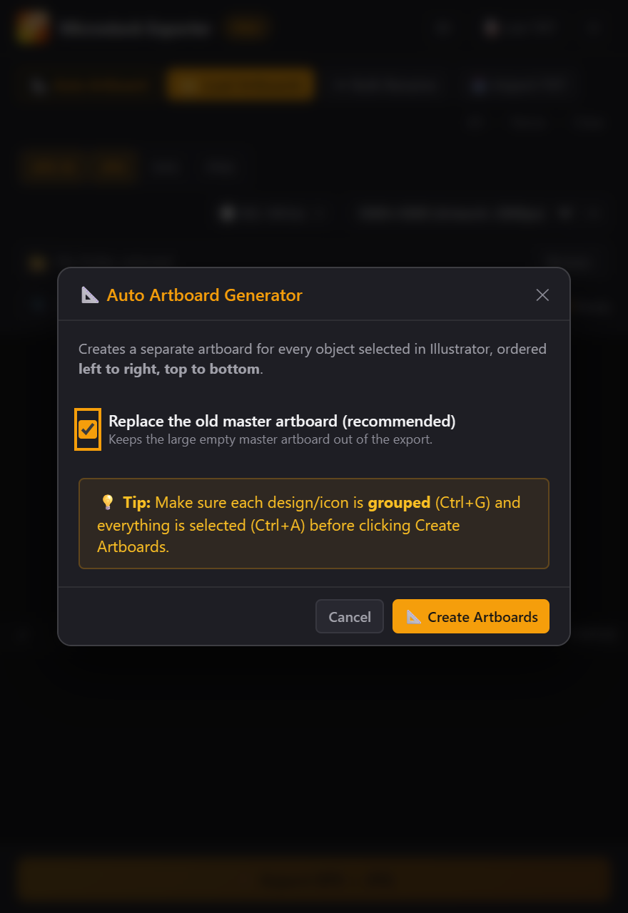 Auto Artboard dialog in the panel