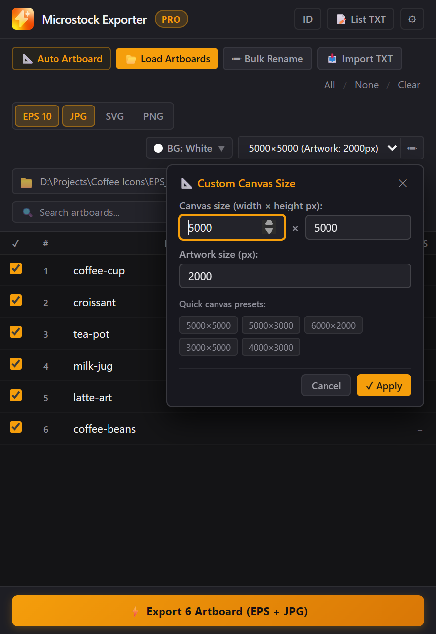 Canvas size settings