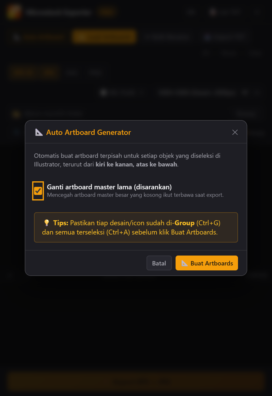 Dialog Auto Artboard di panel